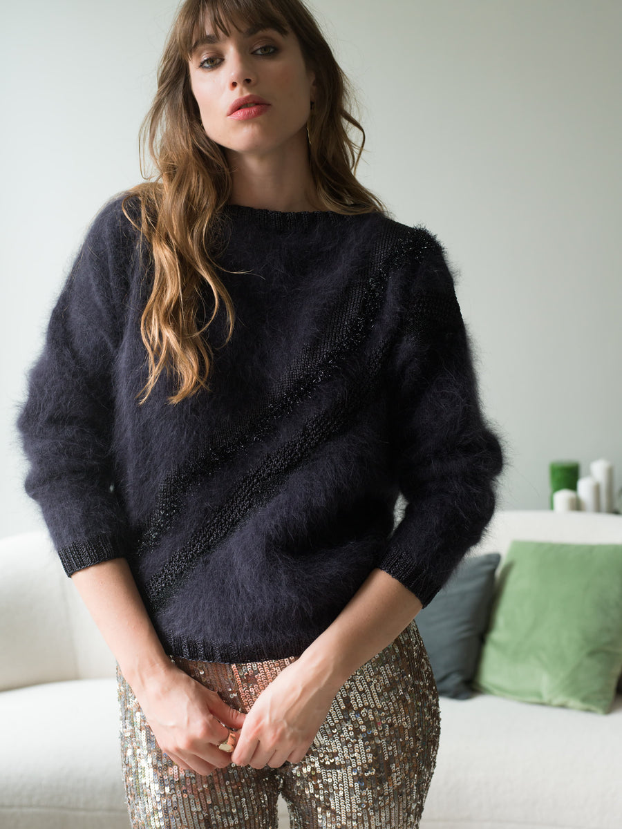 Pull Main Tricoté Angora & Lace Victoria Anny Blatt Taille 38 Bleu - Dos Ajouré