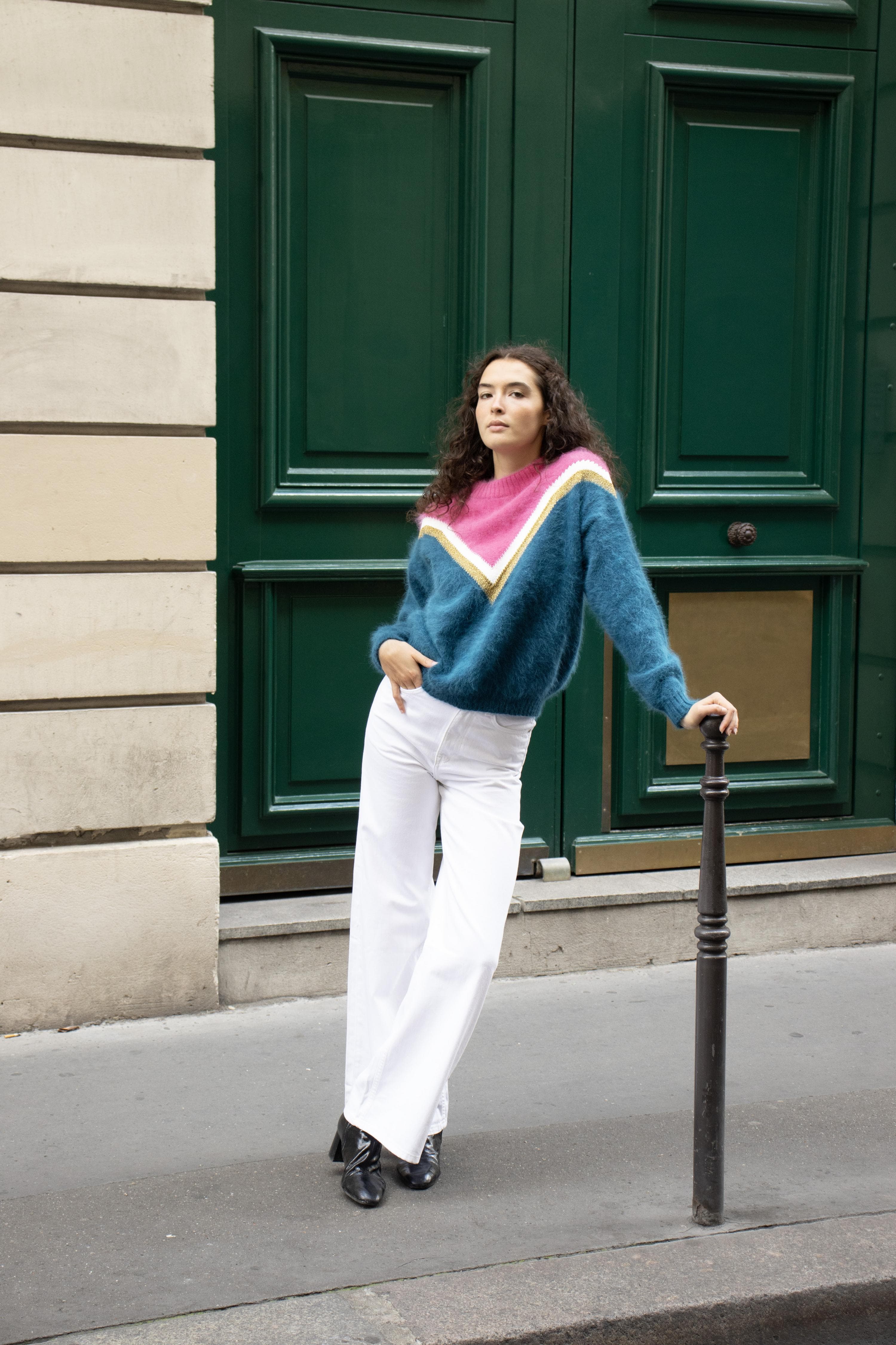 Pull pour femme made in France : Celeste rose Sorbet et bleu Pacifique ...