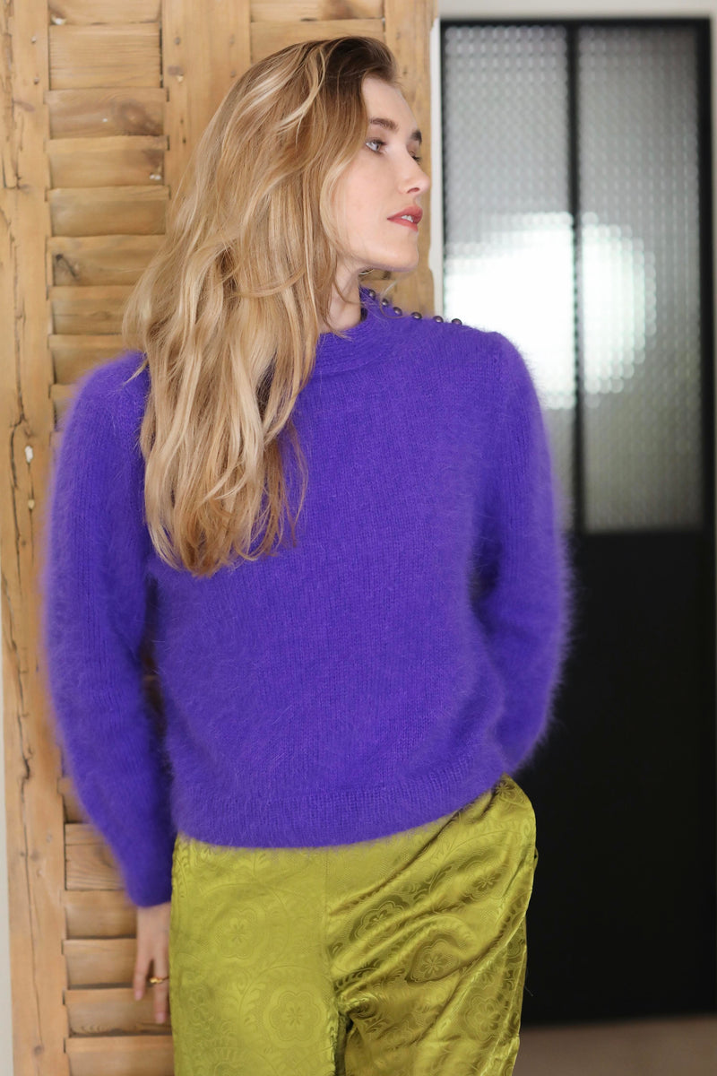 Pull Femme Angora ANNY BLATT COUTURE Modèle MIRA Noir Multicolor - Motifs Losanges, Manches Chauve-souris - Neuf