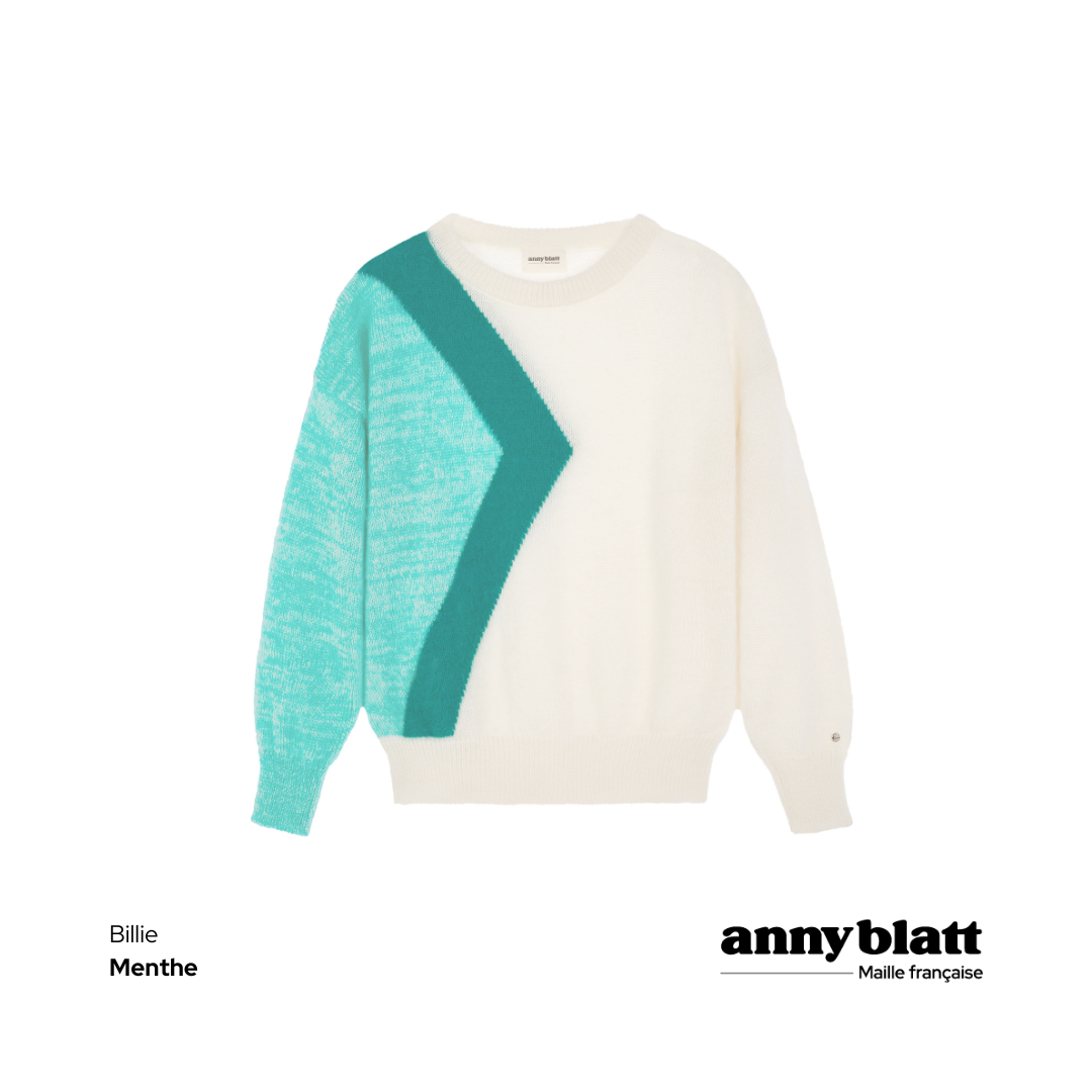 Pull géométrique Vert Menthe et Naturel en Mohair et soie pour