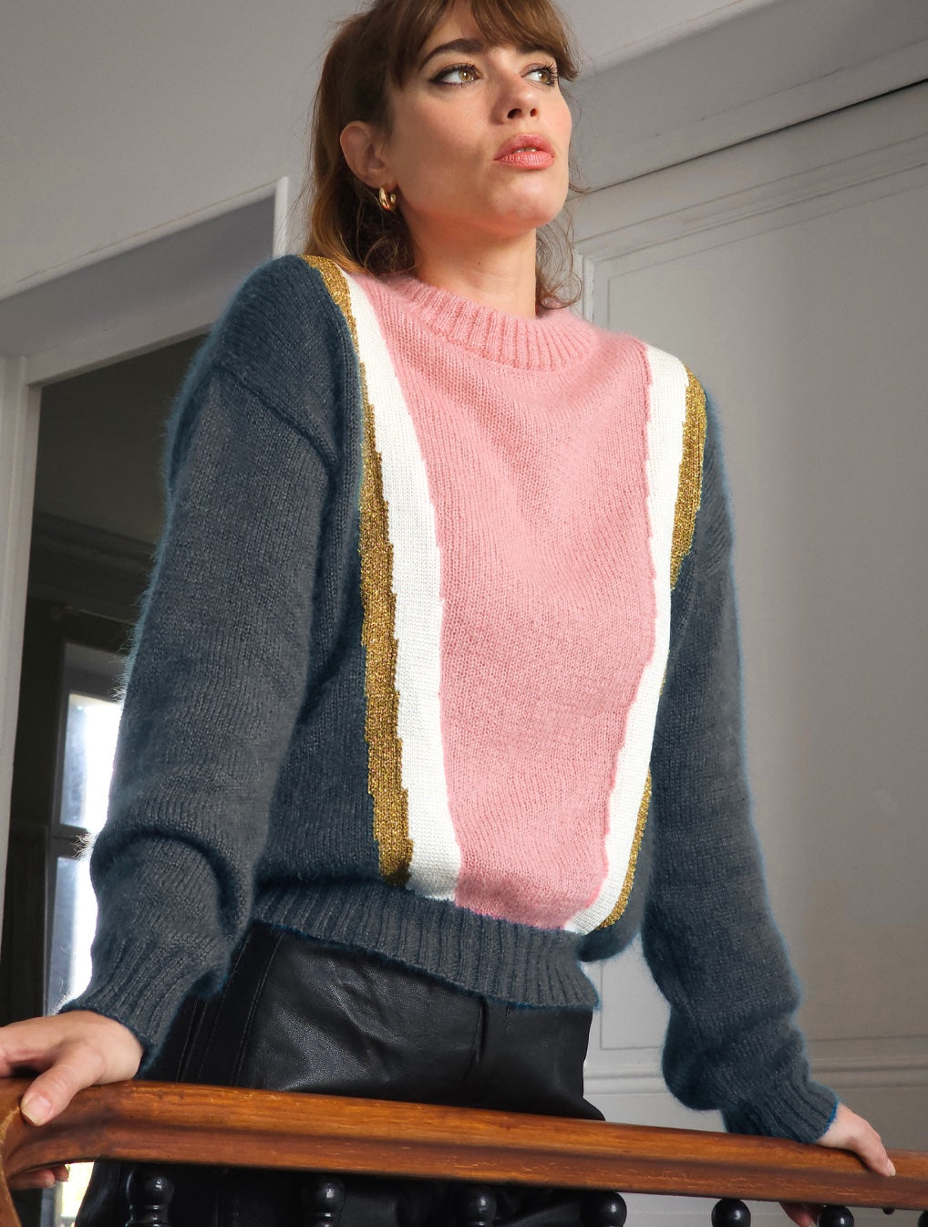 Pull Serena Mohair gris et rose.