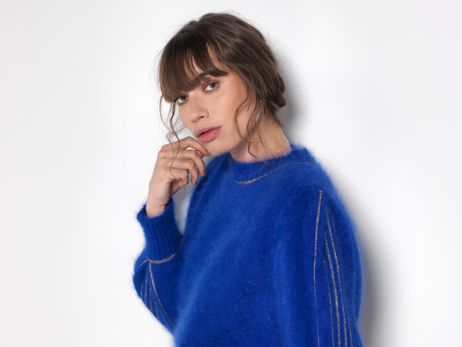 Charger l&#39;image dans la galerie, Pull Alix Angora bleu olympiade et doré
